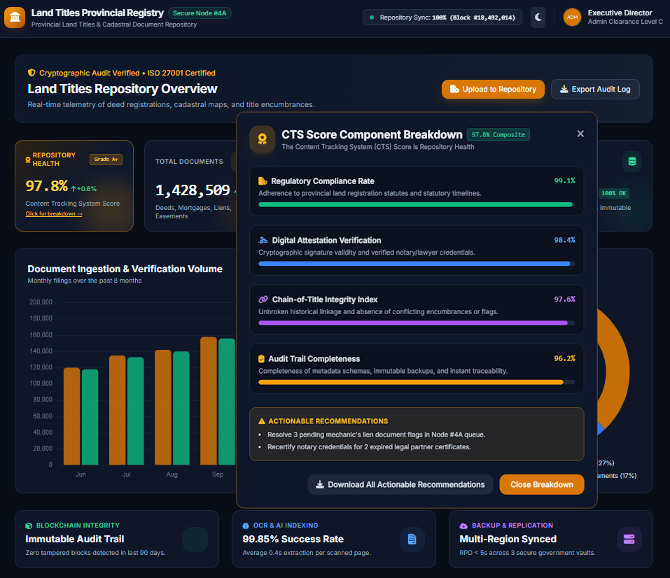 Land Titles Registry dashboard with the CTS score breakdown open